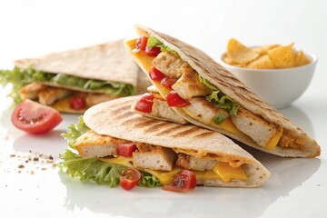 Obraz premium Delicious grilled chicken quesadillas with cheese and salad isolated on white background