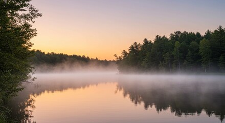 Fototapeta premium Lake with Fog at Sunset