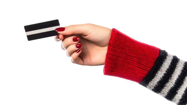 A hand, adorned with red nail polish, holds a black rectangle with a horizontal white stripe isolated on transparent or white background. Generative ai