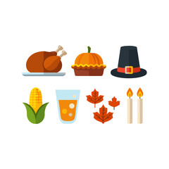 Thanksgiving icons with turkey pumpkin corn and candles