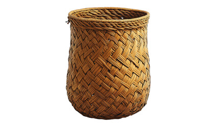 A handcrafted, light brown woven basket with a slightly tapered cylindrical form, showcasing intricate diagonal patterns in its construction