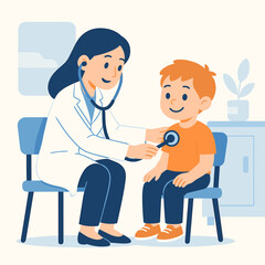 Female doctor using stethoscope on boy during checkup