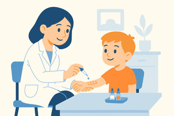 Female doctor applying allergy test drops on boy&rsquo;s arm