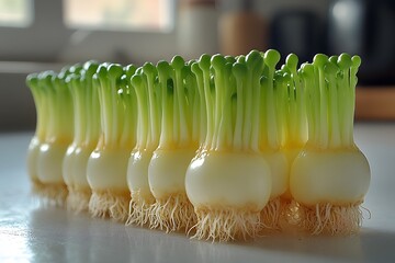 Fresh Green Onion Sprouts Lined Up on Kitchen Counter for Healthy Cooking Inspiration