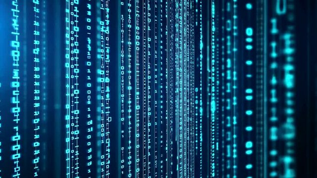 An abstract stream of glowing turquoise binary code cascades down, evoking futuristic technology and digital communication themes