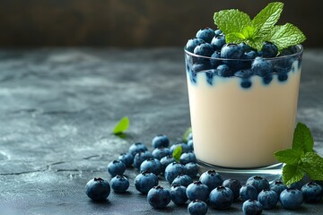 Fresh Blueberries with Creamy Yogurt Dessert in Glass Garnished with Mint Leaves