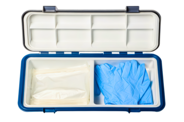 Medical supply container with gloves and sealing bags isolated with transparent background