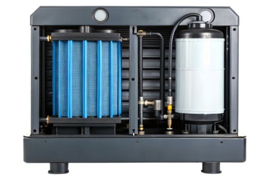 Industrial water filtration system with visible components isolated with transparent background