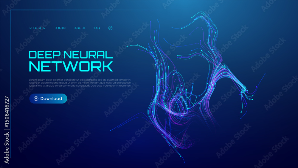 Fototapete Neural network background with AI data in abstract wave lines. Tech blue science with artificial flow and digital light vector. Future graphic technology pattern in 3D concept with green energy.