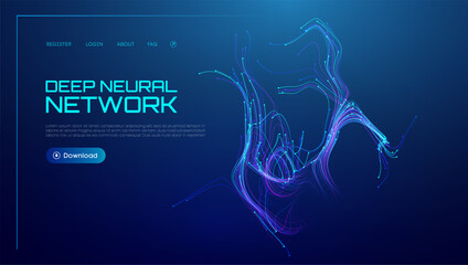 Neural network background with AI data in abstract wave lines. Tech blue science with artificial flow and digital light vector. Future graphic technology pattern in 3D concept with green energy.