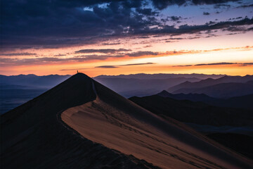 Hikers Silhouetted on Mountain Ridge at Sunset &ndash; Scenic Twilight Landscape