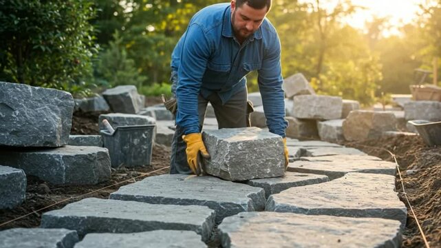 Stone Path Construction: Man Laying Flagstones in Garden