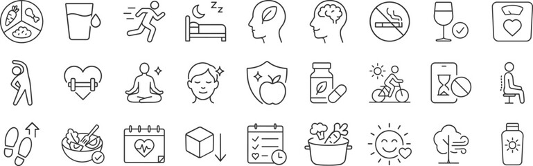 Healthy lifestyle and wellness icons including fitness, nutrition, mindfulness and medical habits, yoga, meditation, skincare, immune, supplement, walking, running, vector illustration set.