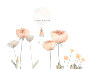 Bunny flies on a hot air balloon over flowers. Fairytale flowers. Watercolor illustration. Decor for children's room, poster, postcard.