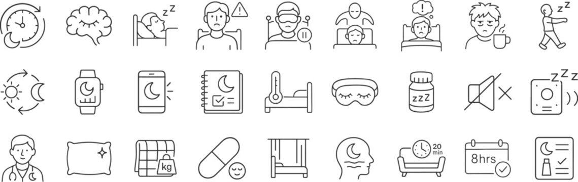 Sleep hygiene and night time health line icon set. Including vector pictograms of habits, disorders and doze aids, anxiety, apnea, supplement, schedule, routine, thin linear illustration.