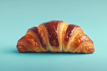 Sweet temptation of a chocolate glazed croissant beckons a delightful breakfast moment on a vivid