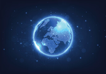 Global network technology background.World image on dark blue background.Communication technology for business.Futuristic globalization modern.3D vector illustration.	