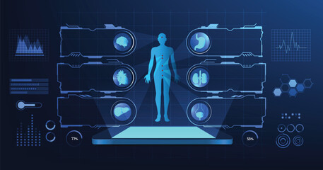  Medical healthcare technology concept. Digital illustration of a human with medical interface showcasing brain, heart, liver, kidney, Bladder and stomach on a dark blue background.