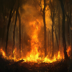 Burning forest illustration depicting flames consuming trees and creating a dramatic atmospheric scene