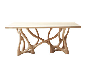 A rectangular wooden table with a unique, organic base resembling intertwined branches. The tabletop is light-colored wood, contrasting with the darker, more textured base