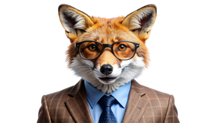 A red fox's head is superimposed onto a man in a suit, creating a whimsical, anthropomorphic image isolated on transparent or white background. Generative ai