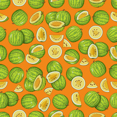 Seamless pattern with Yellow Doll Watermelon. Citrullus lanatus. Vegetables. Isolated vector illustration.