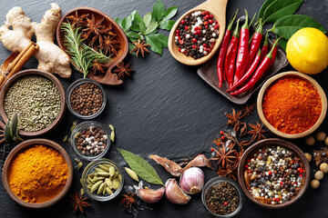Oriental spices and ingredients on a dark background