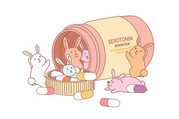 Cartoon bunnies with serotonin booster pills bottle Mental health Sublimation 