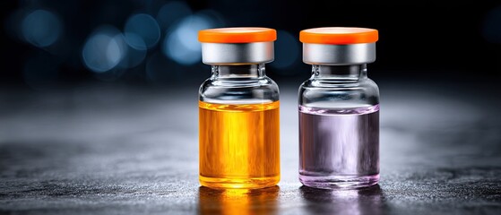 vaccine dose distribution concept. Two glass vials with colorful liquids against a blurred background.