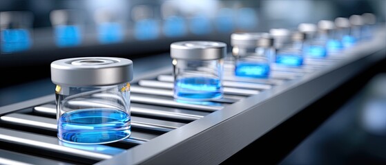 vaccine dose distribution concept. Glass containers filled with blue liquid on a conveyor belt in a modern setting.