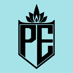 PE Logo with Elegant Crown Symbol and Shield