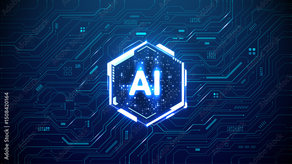 Fototapete digital ai quantum chip in a hexagon light neon hud frame on circuit board tech background. futurist