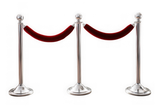 Three silver stanchions with red velvet rope isolated on transparent background
