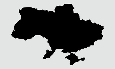 Vector map of Ukraine, detailed black silhouette, isolated on gray background.	