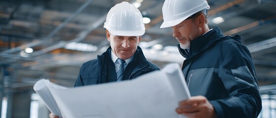 Two construction professionals in hard hats and coats collaborating over construction plans and documents at a commercial or residential building site