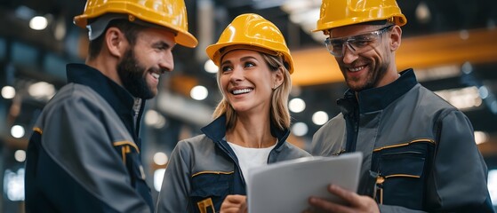 Three construction engineers wearing hard hats and safety gear discussing a project using a digital tablet in an industrial warehouse setting