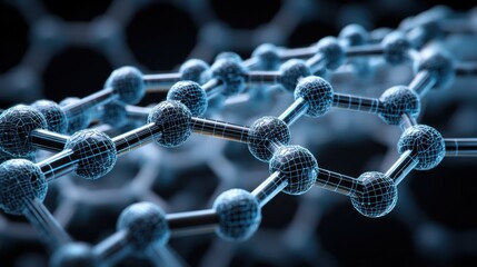 Close-up view of a complex molecular structure featuring interconnected spheres and rods in a lattice-like formation, rendered in a digital 3D wire-frame pattern with a blue-grey metallic hue, set aga
