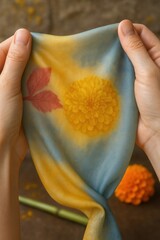 Hands holding dyed silk with vibrant yellow marigold flower imprint and red leaf on smooth gradient fabric

