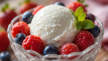 A bowl of ice cream topped with fresh berries and a sprig of mint, set against a light background