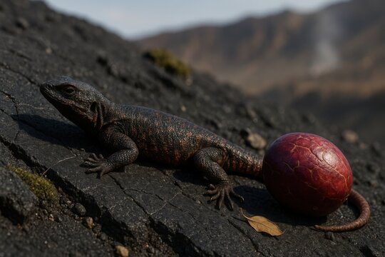 Lava rock agama resting on steep volcanic slope beside jungle jalap fruit in dry rugged terrain

