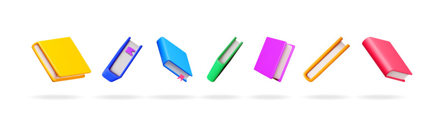 Colorful 3d books floating. Stack of education book set. School reading content, library, dictionary, textbook concept.