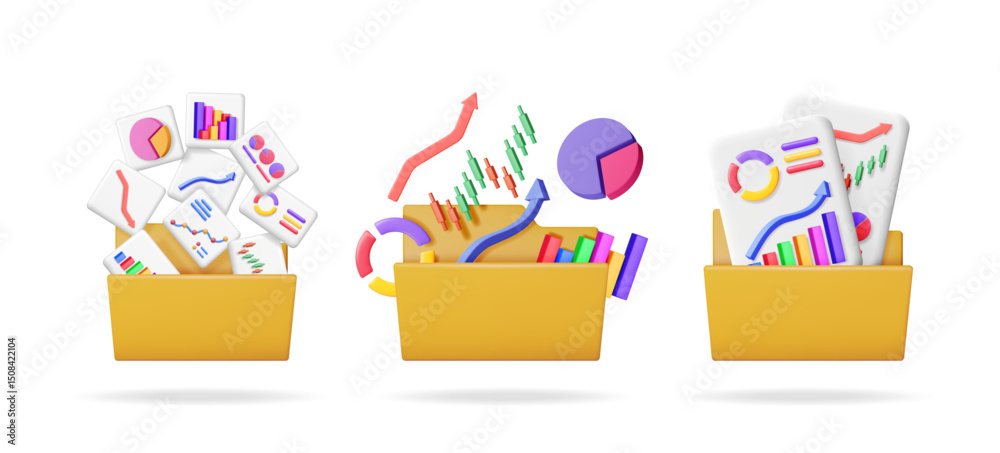 Poster 3d vector set of yellow document folders with various flying financial graphs and charts. business d