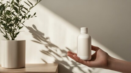 Woman's hand holding a white cosmetic bottle minimalist product display with sunlight and plant shadows