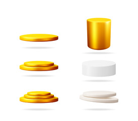 Set of 3d vector golden and white podium isolated product stage platforms. Realistic abstract cylinder and round pedestal showcase for presentation.