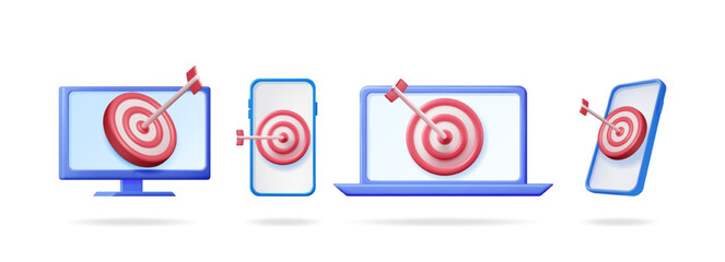 3d vector set collection of dartboard with arrow in digital devices. Target concept for marketing, achievement, goal, business.
