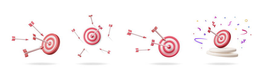 3d vector set collection with success and failure target concept. Arrow hitting and missing the bullseye illustration for business achievement.