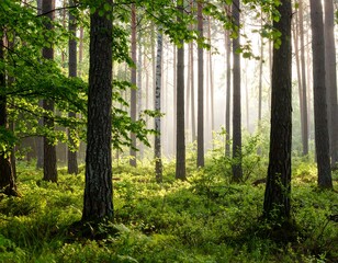 Obraz premium Sunlit forest scene with tall trees, lush undergrowth, and misty atmosphere