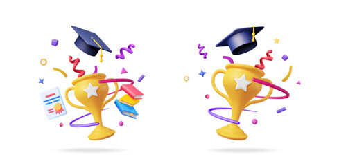 Obraz premium 3d vector set collection of graduation cap, golden trophy cup and books with confetti elements for education award.