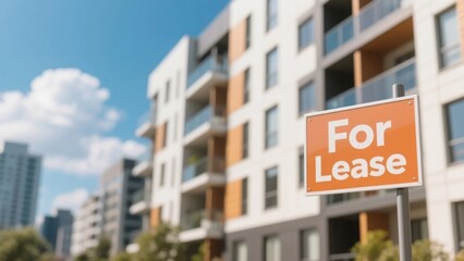Modern apartment building with for lease sign in focus, urban real estate rental property and commercial space vacancy concept.