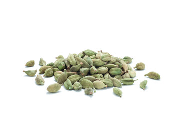 pile of green cardamom seeds isolated on white background